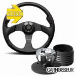 Momo Jet Black Leather Steering Wheel with Carbon Inserts & Hub Kit to fit Land Rover Defender