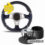 Momo Millenium Sport Black Leather Steering Wheel with Blue Detail & Hub Kit to fit Land Rover Defender